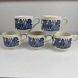 Vtg Blue Willow Transferware Tea Cups Set 5 Made In England Blue White